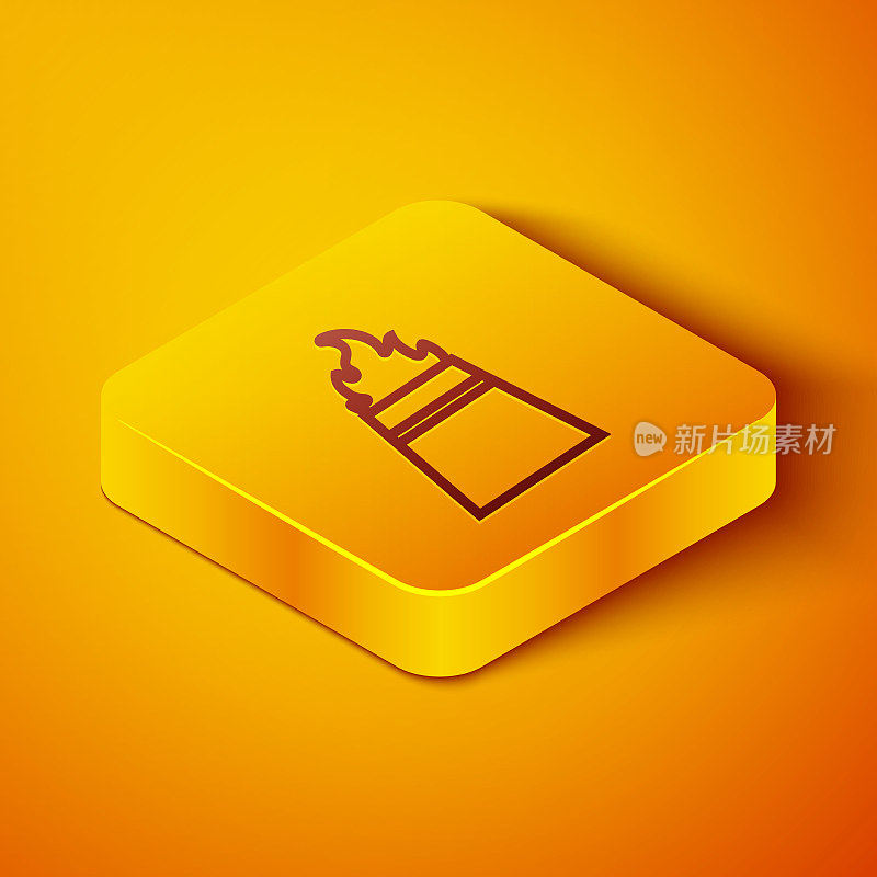 Isometric line Oil rig with fire icon isolated on orange background. Fire accident. Gas tower. Industrial object. Yellow square button. Vector Illustration